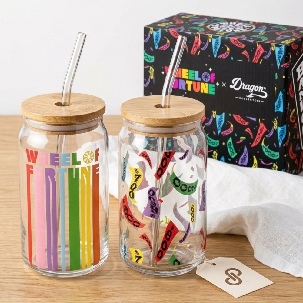 Dragon Glassware Wheel of Fortune 16oz Glass Set with Lids and Straws‎ 2pc NEW